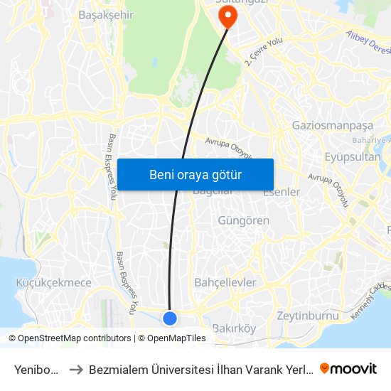 Yenibosna to Bezmialem Üniversitesi İlhan Varank Yerleşkesi map