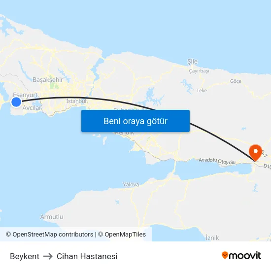 Beykent to Cihan Hastanesi map