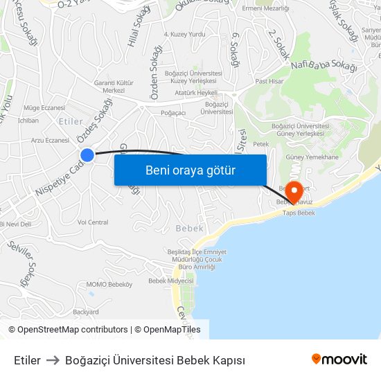 Etiler to Boğaziçi Üniversitesi Bebek Kapısı map