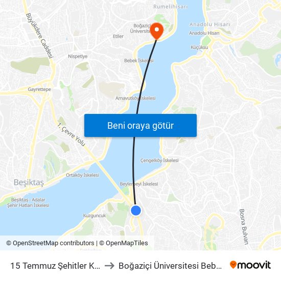 15 Temmuz Şehitler Köprüsü to Boğaziçi Üniversitesi Bebek Kapısı map