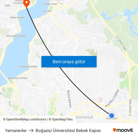 Yamanevler to Boğaziçi Üniversitesi Bebek Kapısı map