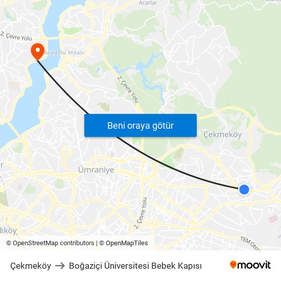 Çekmeköy to Boğaziçi Üniversitesi Bebek Kapısı map