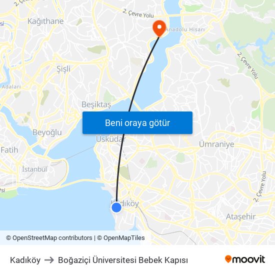 Kadıköy to Boğaziçi Üniversitesi Bebek Kapısı map