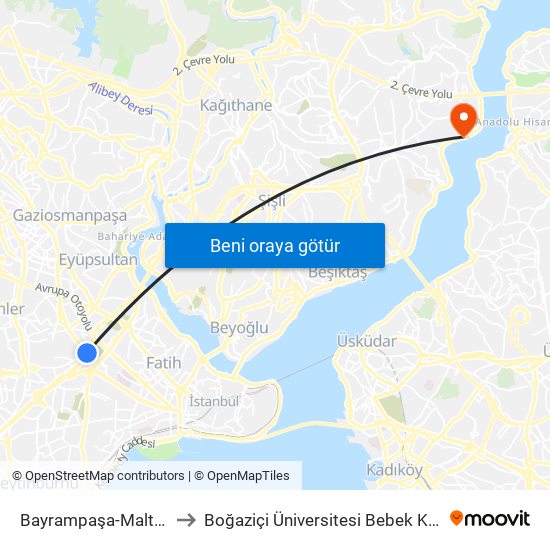 Bayrampaşa-Maltepe to Boğaziçi Üniversitesi Bebek Kapısı map