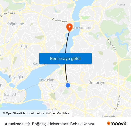 Altunizade to Boğaziçi Üniversitesi Bebek Kapısı map