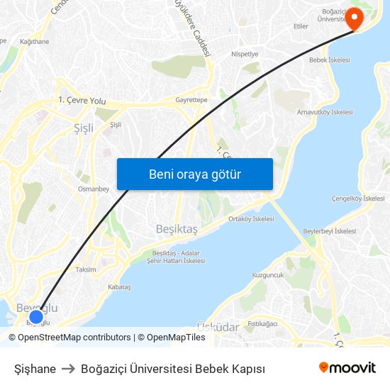 Şişhane to Boğaziçi Üniversitesi Bebek Kapısı map