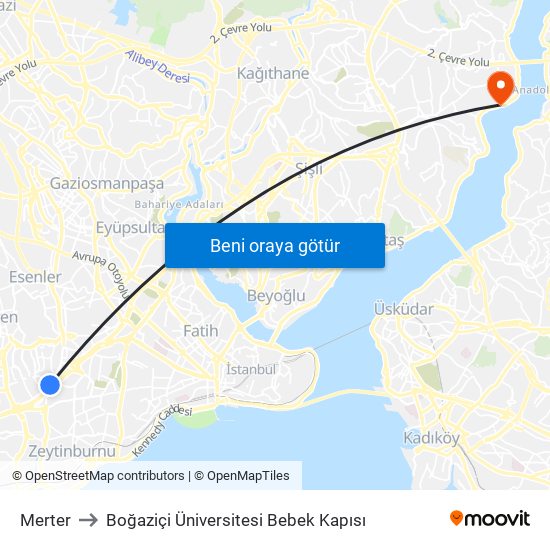 Merter to Boğaziçi Üniversitesi Bebek Kapısı map