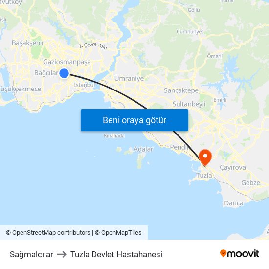 Sağmalcılar to Tuzla Devlet Hastahanesi map