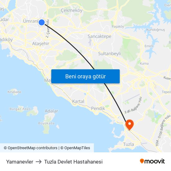 Yamanevler to Tuzla Devlet Hastahanesi map