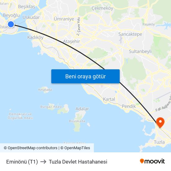 Eminönü (T1) to Tuzla Devlet Hastahanesi map