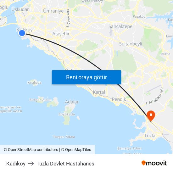 Kadıköy to Tuzla Devlet Hastahanesi map