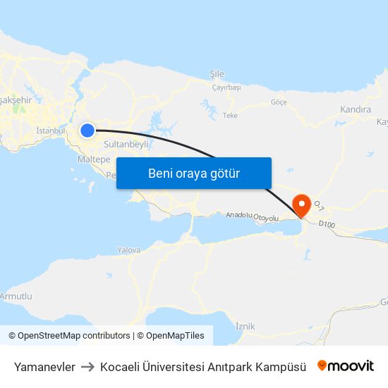 Yamanevler to Kocaeli Üniversitesi Anıtpark Kampüsü map