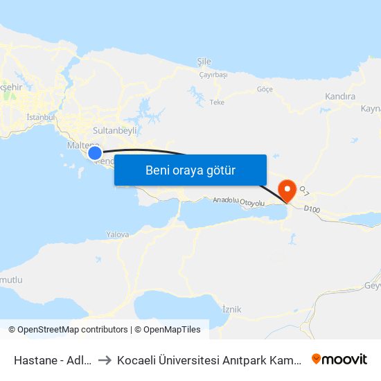 Hastane - Adliye to Kocaeli Üniversitesi Anıtpark Kampüsü map