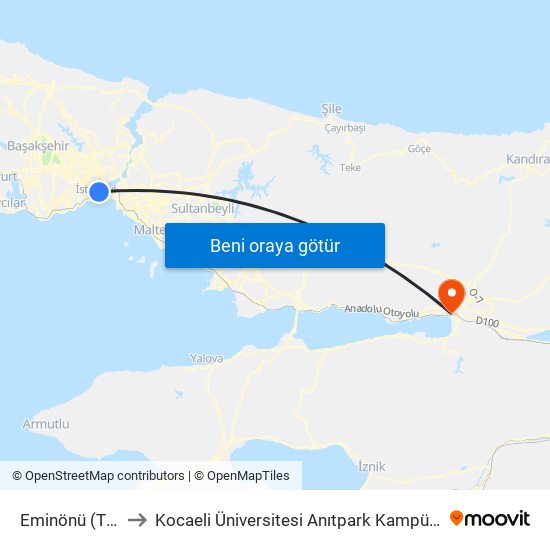 Eminönü (T1) to Kocaeli Üniversitesi Anıtpark Kampüsü map