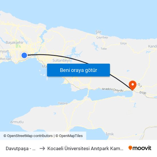 Davutpaşa - Ytü to Kocaeli Üniversitesi Anıtpark Kampüsü map