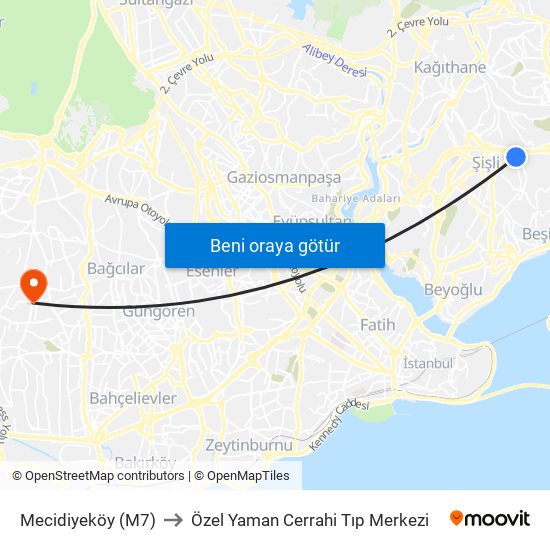 Mecidiyeköy (M7) to Özel Yaman Cerrahi Tıp Merkezi map