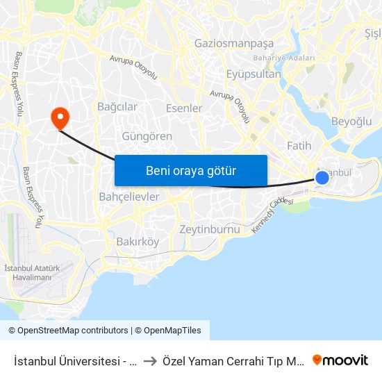 İstanbul Üniversitesi - Laleli to Özel Yaman Cerrahi Tıp Merkezi map