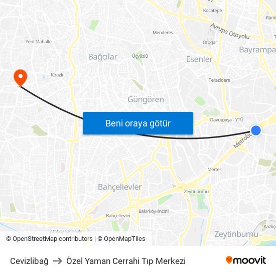 Cevizlibağ to Özel Yaman Cerrahi Tıp Merkezi map