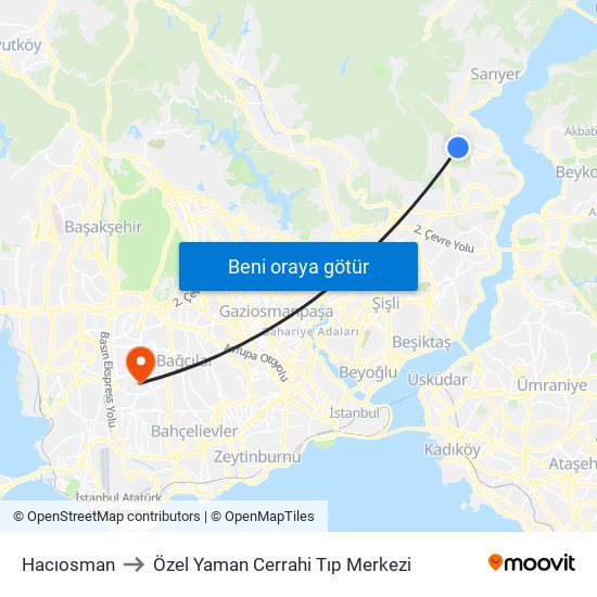 Hacıosman to Özel Yaman Cerrahi Tıp Merkezi map