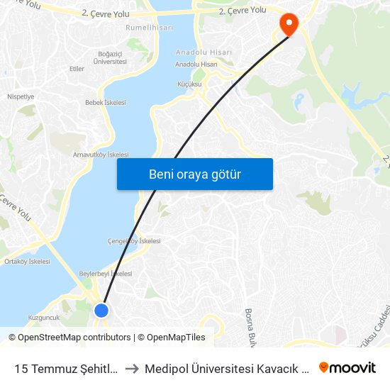 15 Temmuz Şehitler Köprüsü to Medipol Üniversitesi Kavacık Güney Yerleşkesi map