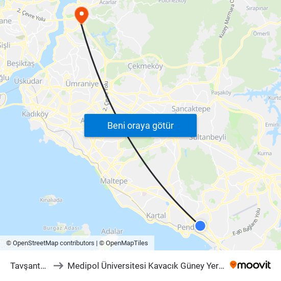 Tavşantepe to Medipol Üniversitesi Kavacık Güney Yerleşkesi map
