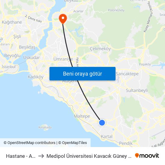 Hastane - Adliye to Medipol Üniversitesi Kavacık Güney Yerleşkesi map