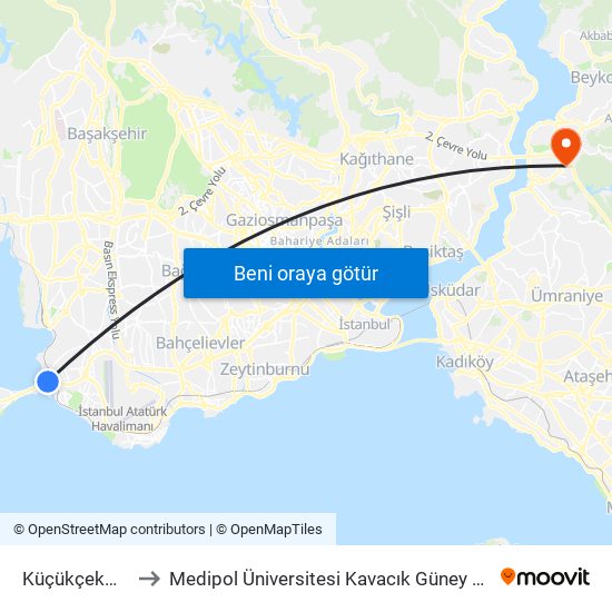 Küçükçekmece to Medipol Üniversitesi Kavacık Güney Yerleşkesi map