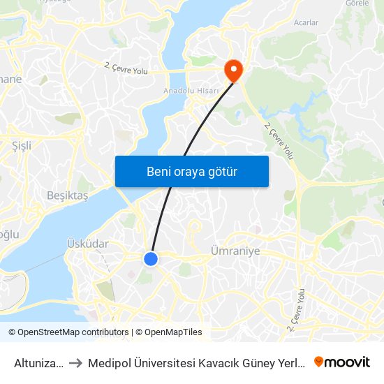 Altunizade to Medipol Üniversitesi Kavacık Güney Yerleşkesi map