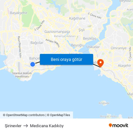 Şirinevler to Medicana Kadıköy map