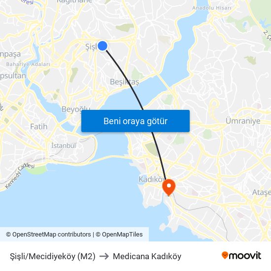 Şişli/Mecidiyeköy (M2) to Medicana Kadıköy map