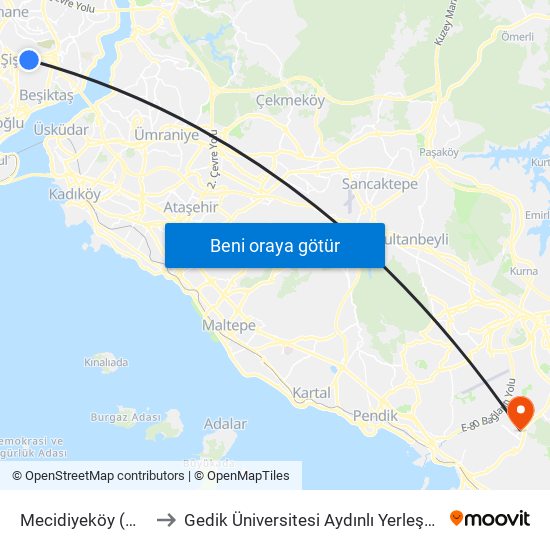 Mecidiyeköy (M7) to Gedik Üniversitesi Aydınlı Yerleşkesi map