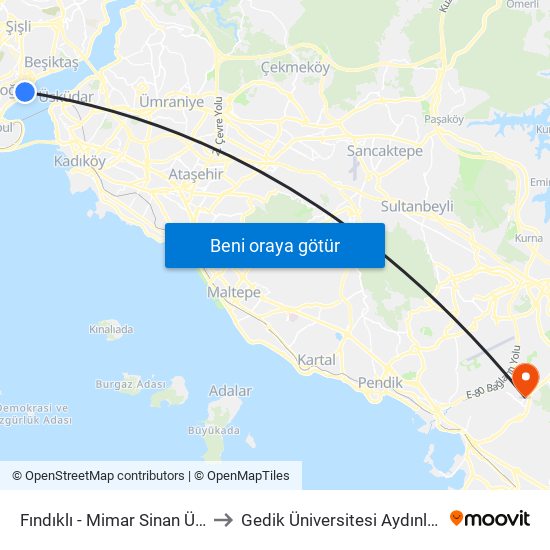 Fındıklı - Mimar Sinan Üniversitesi to Gedik Üniversitesi Aydınlı Yerleşkesi map