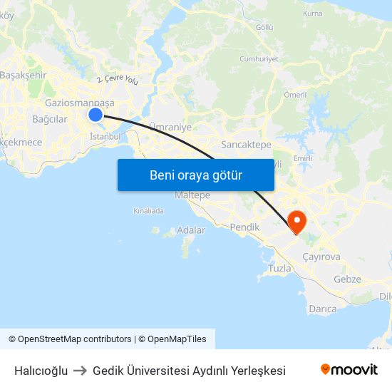 Halıcıoğlu to Gedik Üniversitesi Aydınlı Yerleşkesi map