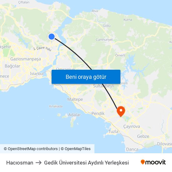 Hacıosman to Gedik Üniversitesi Aydınlı Yerleşkesi map