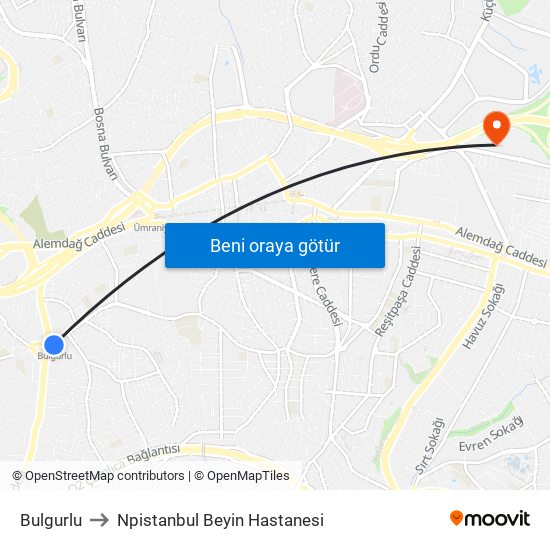 Bulgurlu to Npistanbul Beyin Hastanesi map