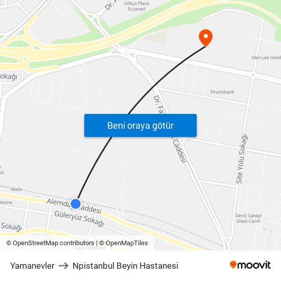 Yamanevler to Npistanbul Beyin Hastanesi map