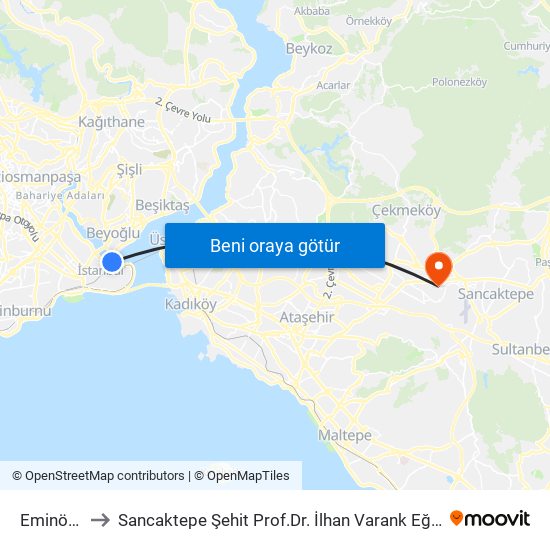 Eminönü (T1) to Sancaktepe Şehit Prof.Dr. İlhan Varank Eğitim Ve Araştırma Hastanesi map