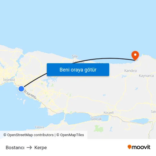 Bostancı to Kerpe map