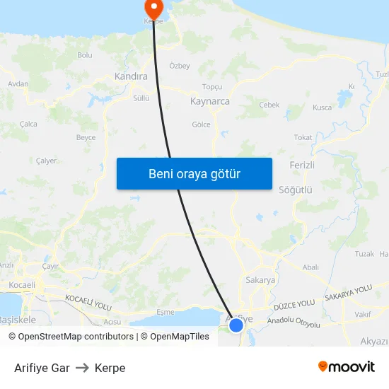Arifiye Gar to Kerpe map