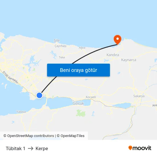 Tübitak 1 to Kerpe map