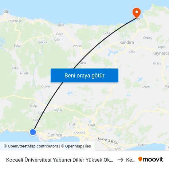 Kocaeli Üniversitesi Yabancı Diller Yüksek Okulu Körfez Kampüsü to Kerpe map
