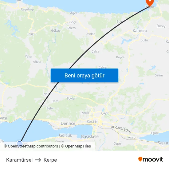 Karamürsel to Kerpe map