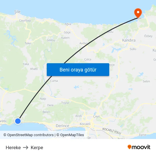 Hereke to Kerpe map