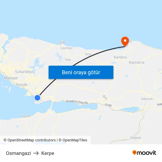 Osmangazi to Kerpe map