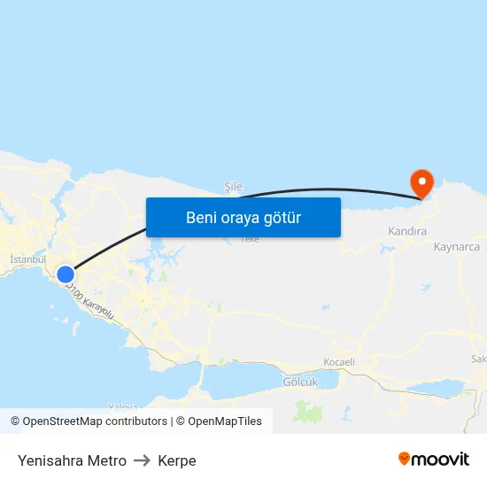 Yenisahra Metro to Kerpe map