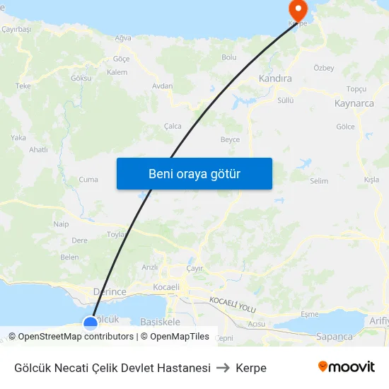 Gölcük Necati Çelik Devlet Hastanesi to Kerpe map
