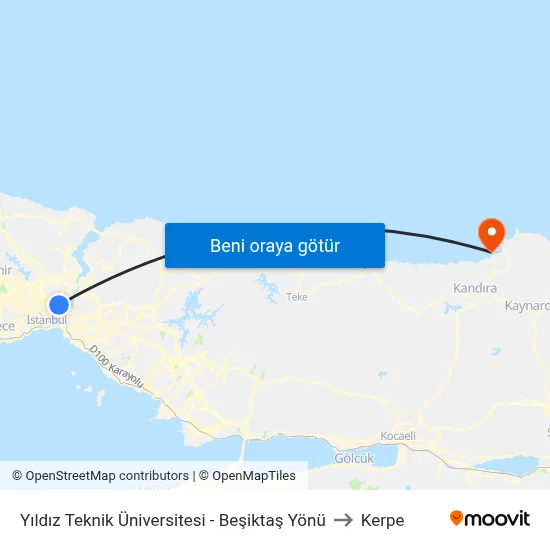 Yıldız Teknik Üniversitesi - Beşiktaş Yönü to Kerpe map