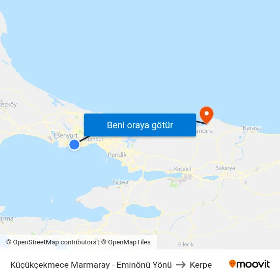 Küçükçekmece Marmaray - Eminönü Yönü to Kerpe map
