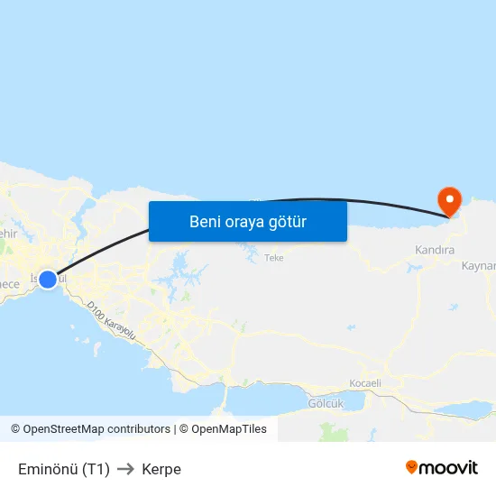 Eminönü (T1) to Kerpe map