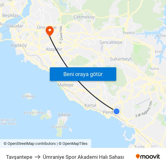 Tavşantepe to Ümraniye Spor Akademi Halı Sahası map